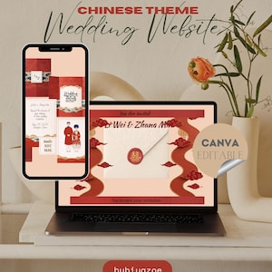 Puede incluir: Un portátil y un smartphone muestran un diseño de sitio web de boda de temática china. El sitio web presenta detalles en rojo y dorado, motivos tradicionales chinos y el texto "Wedding Website". El diseño incluye el texto "You Are Invited" y "Li Wei & Zhang M."