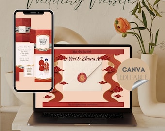 Plantilla de sitio web para bodas con temática china, invitación digital minimalista editable en Canva.