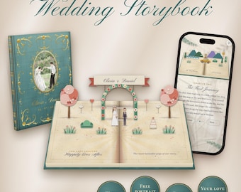 Puede incluir: Un libro de cuentos de boda animado en pop-up con una cubierta verde azulado con filigrana dorada, un libro abierto con un arco de papel y una pantalla de smartphone que muestra una página con una ilustración de coche amarillo.