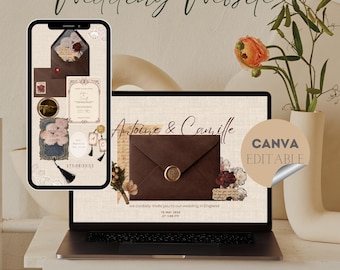 Plantilla de sitio web de boda con temática vintage en tonos marrones, invitación digital minimalista editable en Canva.