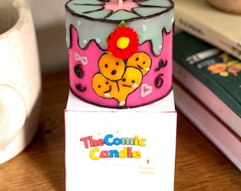 Pink & Mint Drip Cake Scented Soy Candle with Hand- Drawn Doodle Art-Whimsical-Handmade Home decor