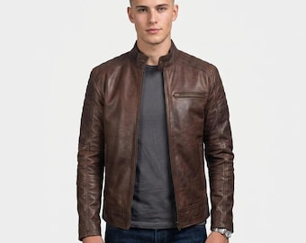 Hand Made Men's Distressed Brown Lambskin Leather Cafe Racer Biker Jacket.