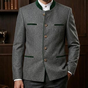 Klassische österreichische Trachtenjacke für Herren - Grauer Woll-Loden-Blazer mit Samtbesatz
