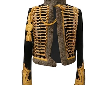 Handmade Hussar Pelisse Jacket: Napoleonic Military Uniform, Gold Braided Dolman Coat