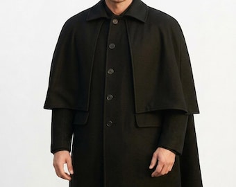 Men's Black Wool Inverness Cape Coat Victorian Sherlock Holmes Style (Custom Tailored)