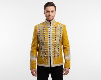 Men's Yellow Hussar Military Jacket – Silver Braiding, Custom Parade Uniform