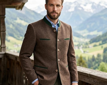 Men's Traditional Austrian Trachten Jacket - Brown Wool Loden Blazer with Velvet Trim