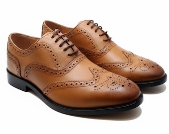 Men's Tan Leather Brogue Shoes: Handmade Wingtip Oxfords for Formal Wear