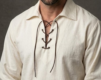 Men's Cotton Jacobite Ghillie Shirt: Lace-Up Poet Style, Highland Medieval Wear
