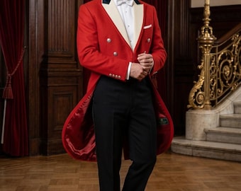 Custom Scarlet Wool Tailcoat – Navy Velvet Lapel, Ivory Trim, Equestrian Hunt Coat