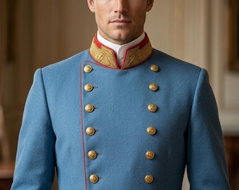 Custom Austro-Hungarian Officer Tunic – Light Blue Wool Frock Coat with Gold Embroidery