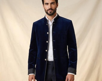 Custom Navy Blue Velvet Prince Charlie Coat, Bespoke Scottish Formal Wear