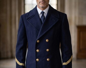 Men's Navy Wool Naval Officer Overcoat – Double-Breasted Brass Button Greatcoat.