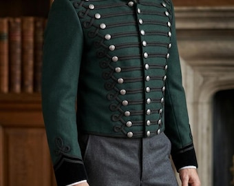 Custom Made Napoleonic Hussar Jacket: Green Wool Tunic, Silver Buttons, Black Braiding, Reenactment Coat