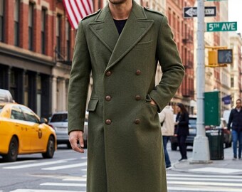 Custom Olive Green Wool Greatcoat: Military Style Double-Breasted Officer Coat