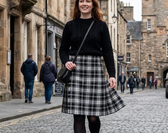 Custom Black White Tartan Kilt Skirt – Scottish Wool Wrap Skirt