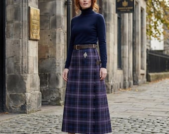 Custom Tartan Hostess Skirt – Purple Plaid Wool Blend Kilt, Ankle Length Pleated