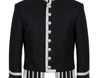 Handmade Scottish Piper Jacket: Silver Braid Military Tunic for Highland Wedding Wear