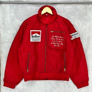Vintage 80s 90s MARLBORO YAMAHA Racing Team World Grand Prix Bomber Jacket Flag Big Logo