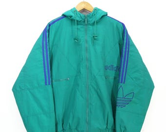 Vintage 90s ADIDAS Big Logo Spellout Embroidered Coat Hoodie Quilted Windbreaker Bomber Jacket (Size L)