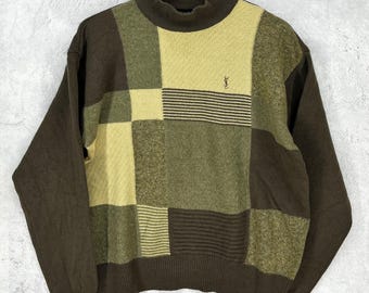 Vintage 90s Yves Saint Laurent YSL Knit Sweater Pattern Knitwear Sweatshirt Pullover Jumper Mini Logo Embroidered Multi Color Block