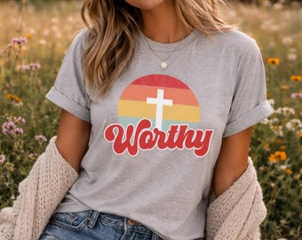 Worthy Cross Retro Sun T-Shirt | Christian Faith Graphic Tee