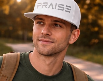 Praise Embroidered Flat Bill Cap | Religious Script Snapback Hat