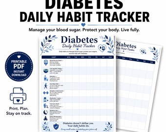 Diabetes Daily Habit Tracker | Blood Sugar Log | Prediabetes Planner | Type 2 Diabetes Tracker | Glucose Monitoring PDF | Instant Download