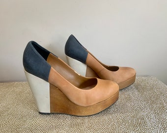 Vintage ALDO Platform Shoes Color Block Wedge Shoes Mod Leather Glam Size 5 1/2 Winter Trend