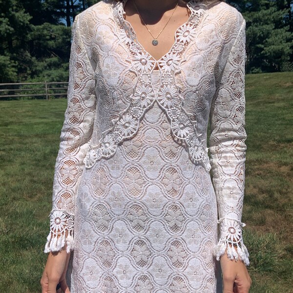 Vintage Floral  White Lace Gown Bohemian Daisy Fringe Flower child Festival Dress Wedding Dress 1960s Hippie Maxi Dress