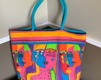 Large Laurel Burch Canvas Bag Colorful Beach Bag or Personal Item Washable Canvas Shoulder Tote Bag with Zipper