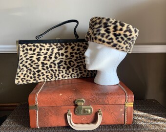 Gorgeous Leopard Purse and Pillbox Hat Set 1960s accessories Leopard Handbag 60s Pocketbook With Matching Hat