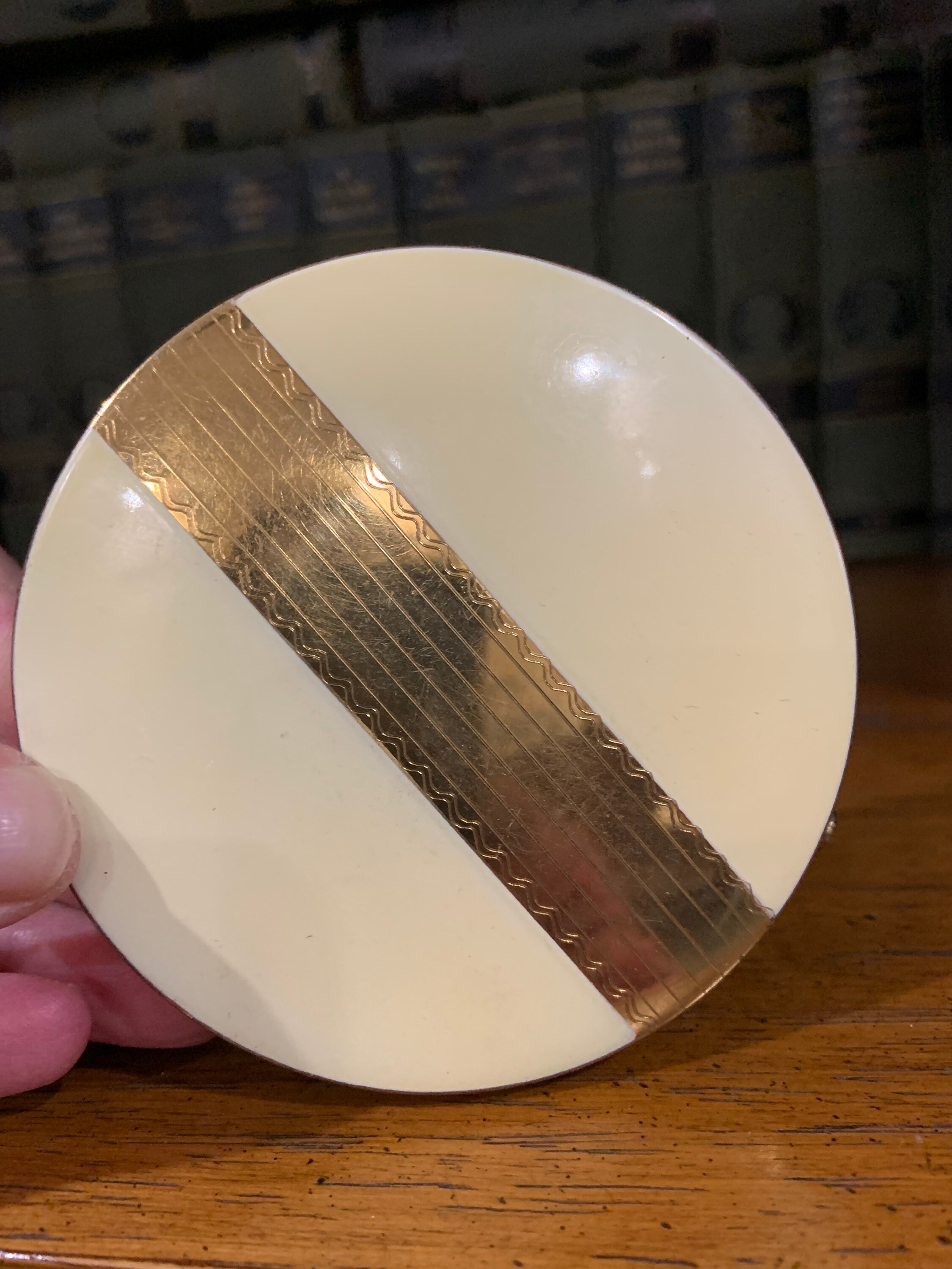Vintage Large Mirrored Powder Compact Rex Fifth Avenue Powder Compact Large Round Ivory Enamel Gold