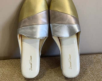 Vintage Daniel Green Slippers Tri Color Mules Silver and Gold Slippers Slides Hostess Footwear Women's Size 9.5