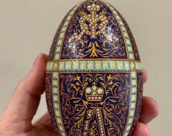 Lithograph Metal Egg Candy Storage 2 Piece Metal Egg Blue Monogram Faberge Style Egg Tin Easter Egg