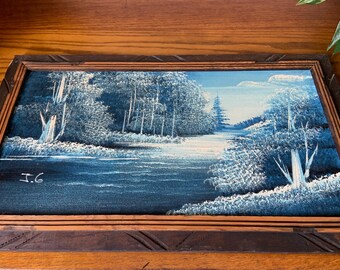 Signed Velvet Landscape Painting: Flowing Blue River, Framed Mexican Art