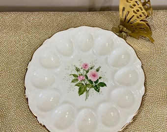 Vintage Cathy Rose Deviled Egg Plate Pink Roses Deviled Egg Server Plate Gold trim