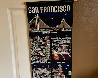 Vintage San Francisco California Souvenir Velvet Scroll Wall Hanging Golden Gate Bridge