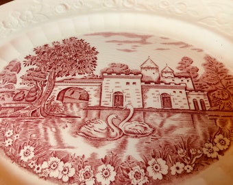 Vintage Homer Laughlin Serving Platter Transferware Pink Swan Castle Serving Plate Turkey Tray
