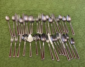 38 Piece Stainless Japan Flatware with Inlaid Wood Handles 4 Place Settings of Mid Century Modern Flatware and Serving Pieces