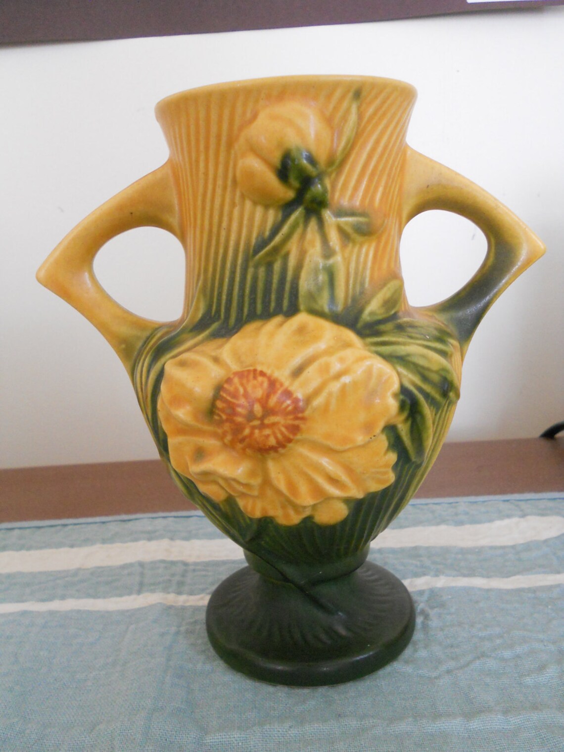 Pottery Vase Antique Roseville Peony Yellow Green 1686 Etsy
