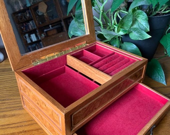 Vintage Wood Jewelry Box Birds Eye Maple  Unisex Jewelry Box Red Interior with Mirror Brass Hardware