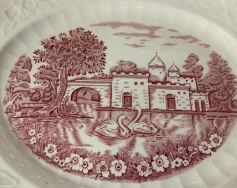 Vintage Homer Laughlin Serving Platter Transferware Pink Swan Castle Serving Plate