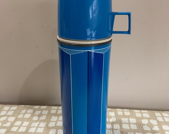 Vintage Blue Thermos 1970s King Seeley Thermos Camping Gear Norwich CT Retro Mod Striped
