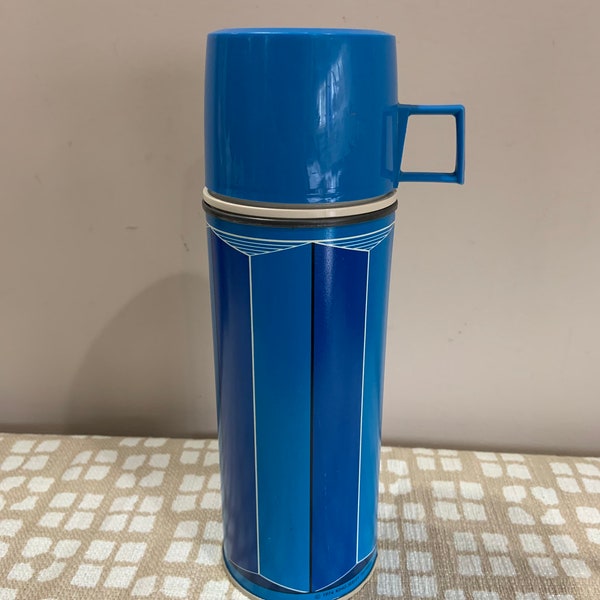 Vintage King Seeley Thermos 1970s Blue Thermos 1970s Lunch Camping Gear Norwich CT Retro Mod Striped