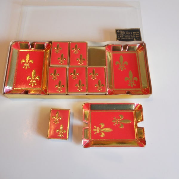 Vintage Ashtray and Matches Decorative Fleur De Lis Gold Mid Century Barware Pink Wedding Matches