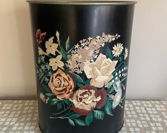 Vintage Tole Painted Metal Waste Basket Trash Can Garbage Bin Floral Handpainted Floral Trash Can Shabby Cottage Decor Garbage Can