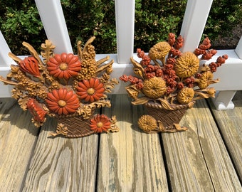 Vintage Burwood Floral Wall Decor Mid Century Wall Art Orange and Brown Retro Decor