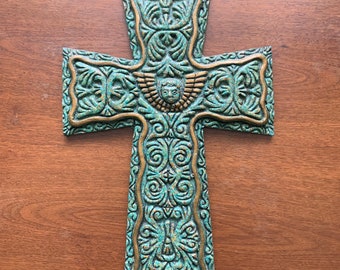 Crushed Stone Unique Cross Made in Mexico Religious Art Holy Gift Mexican Handmade Crushed Turquoise Cross Home Decor