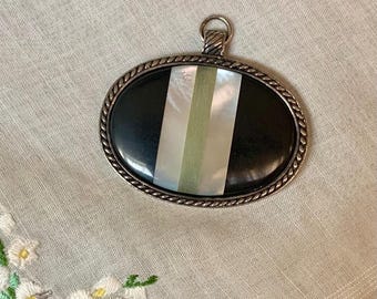 Vintage Signed Monet Oval Pendant With Black Onyx and Mother of Pearl
